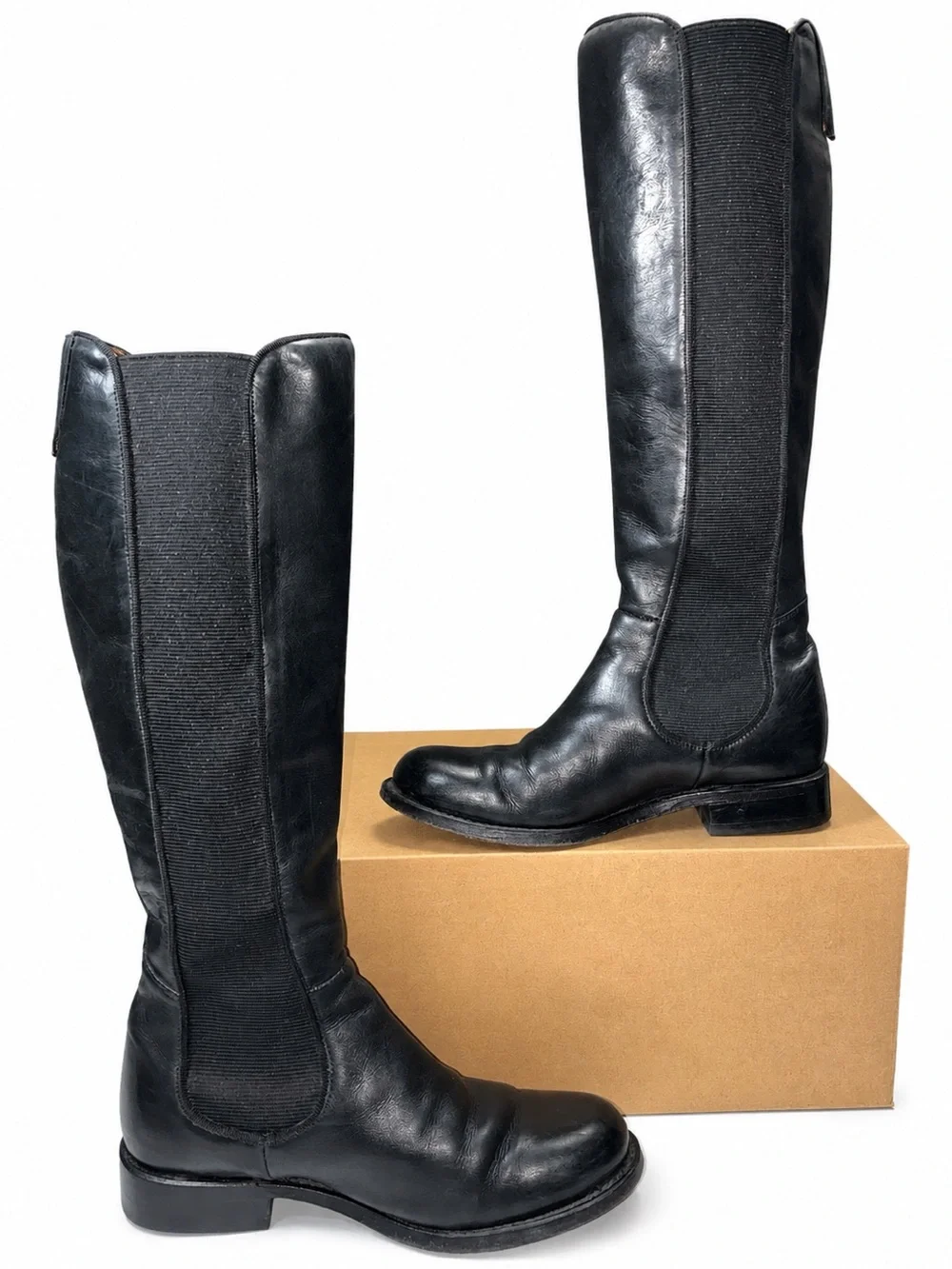Frye 77632 Made in Spain Tall Black Leather Stretch Riding Field Boots Women’s 6